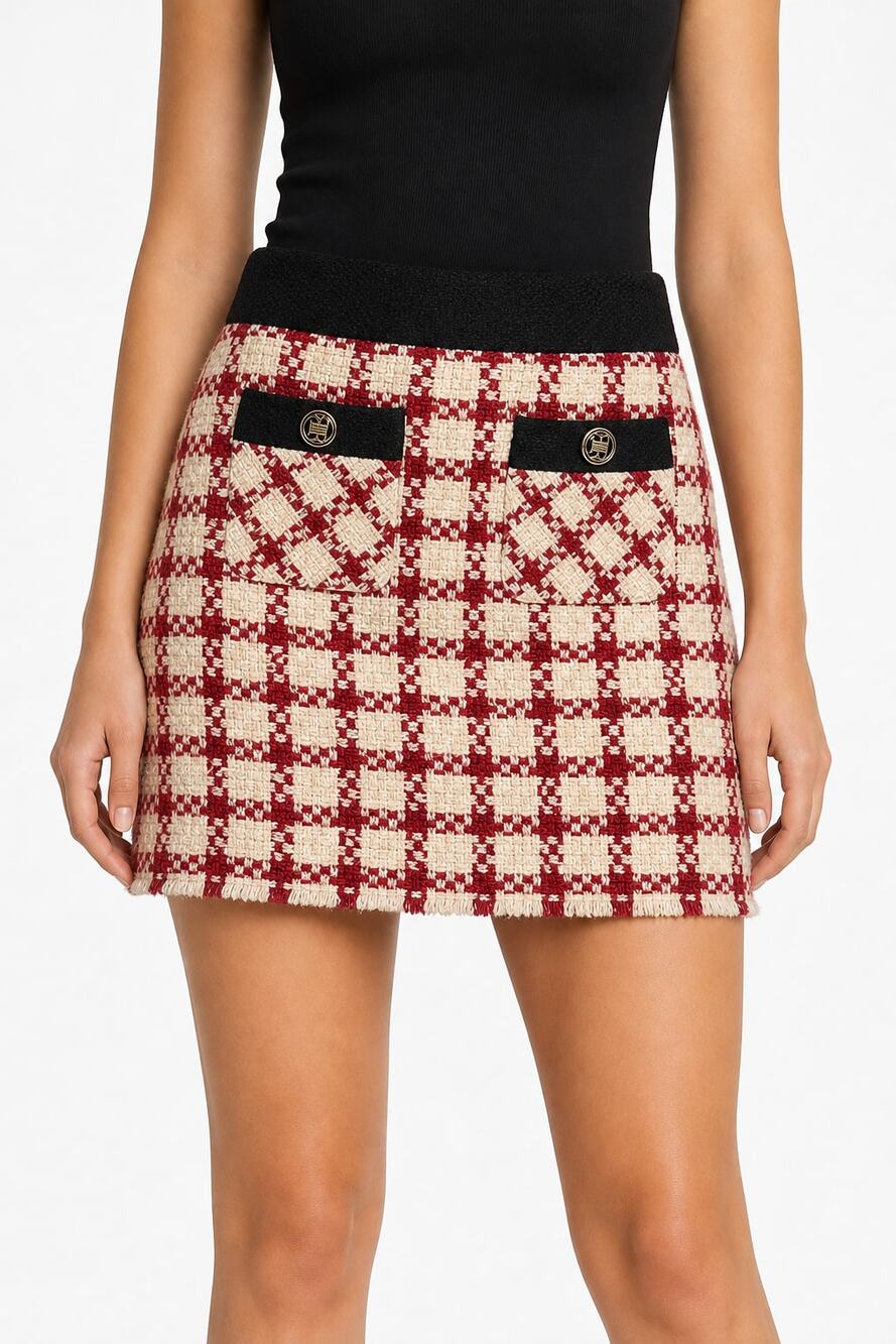 River Island Women Red Cream Boucle Tweed Mini Skirt US 4 Preppy Fringed Hem